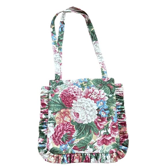 Side Eye Bird Handmade Ruffled Tote Bag Vintage 1980s Pink Multi Floral Fabric - Picture 2 of 8